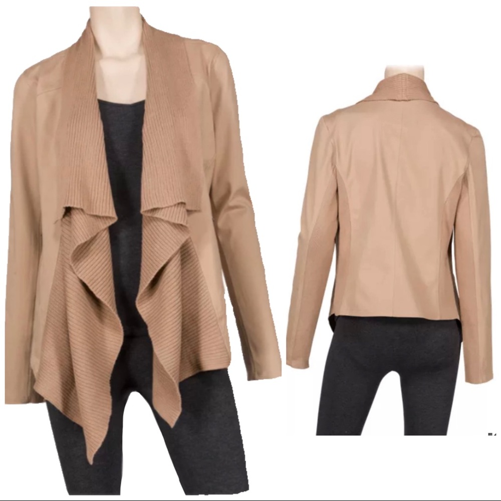 FLATTERING Waterfall Drape front lightweight jacket tan brown rib knit trim MED